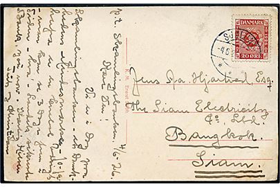 20 øre Frimærke Jubilæum på brevkort fra Skamlingsbanken annulleret Sjølund d. 4.6.1926 til Bangkok, Siam.