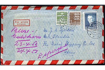 10 øre Bølgelinie, 50 øre Ørsted og 1 kr. Rigsvåben på luftpostbrev fra Kirke-Hyllinge d. 9.4.1952 til passager ombord på M/S Selandia i Aden. Ank.stemplet d. 12.4.1952.