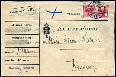 10 øre Fr. VIII i parstykke på adressebrev for pakke annulleret med fejlindstillet brotype Ia Kjøbenhavn *VI.* d. 19.12.1920 (skulle være 1910) til Vinderup.