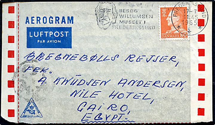 80 øre Fr. IX single på privat aerogram annulleret med TMS Besøg Willumsen Museet i Frederikssund/Frederikssund d. 17.7.1965 til Cairo, Egypten. 