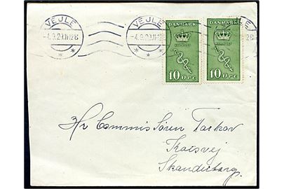 10+5 øre Kræftmærke (2) på brev fra Vejle d. 4.9.1929 til Skanderborg.