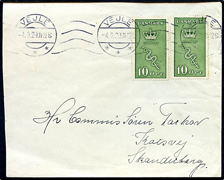 10+5 øre Kræftmærke (2) på brev fra Vejle d. 4.9.1929 til Skanderborg.