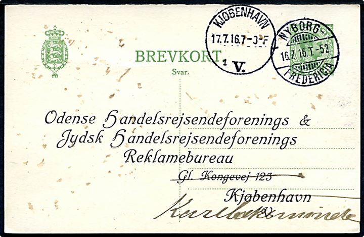 5 øre Chr. X svardel af dobbelt helsagsbrevkort fra Aarup annulleret med bureaustempel Nyborg - Fredericia T.52 d. 16.7.1916 til Kjøbenhavn.