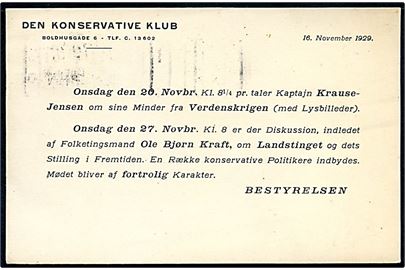 5 øre Bølgelinie på lokalt tryksagskort i København d. 19.11.1929. På bagsiden fortrykt meddelelse fra Den konservative Klub.