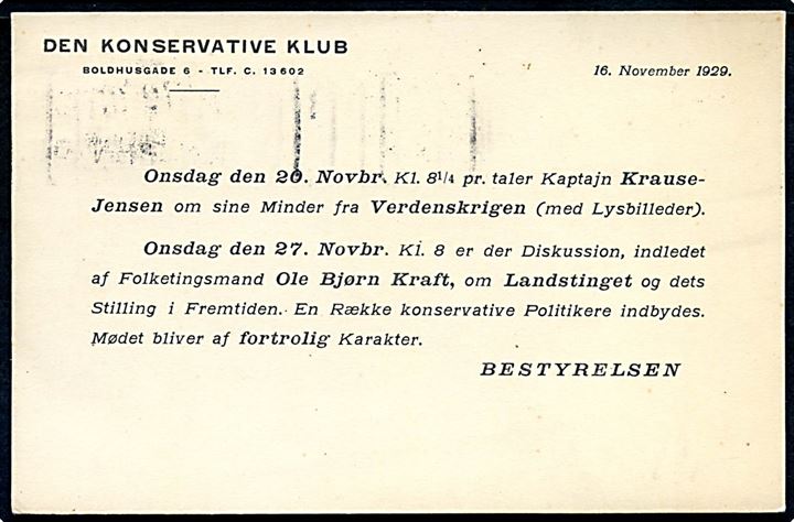 5 øre Bølgelinie på lokalt tryksagskort i København d. 19.11.1929. På bagsiden fortrykt meddelelse fra Den konservative Klub.
