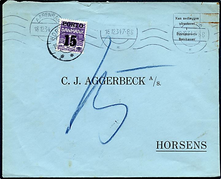 Ufrankeret svarkuvert fra Aabenraa d. 18.12.1934 til Horsens. Udtakseret i enkeltporto med 15/12 øre portoprovisorium stemplet Horsens d. 19.12.1934.