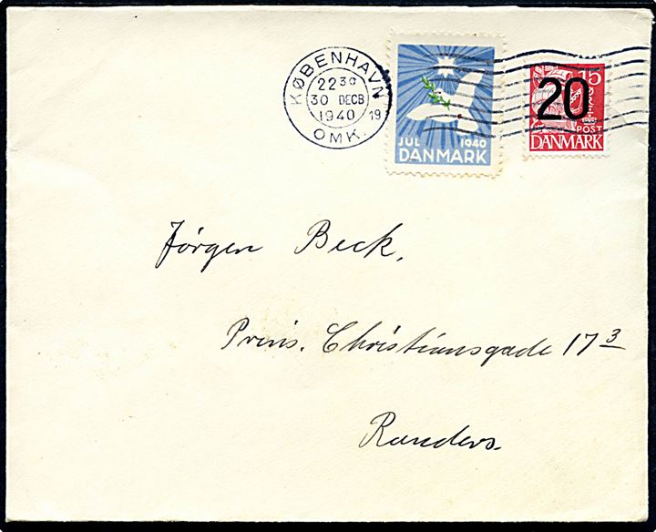 20/15 øre Provisorium og Julemærke 1940 på brev fra København d. 30.12.1940 til Randers.