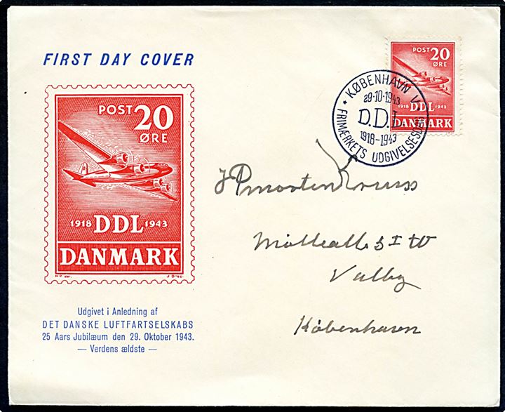 20 øre DDL på illustreret FDC annulleret med særstempel i København d. 29.10.1943.