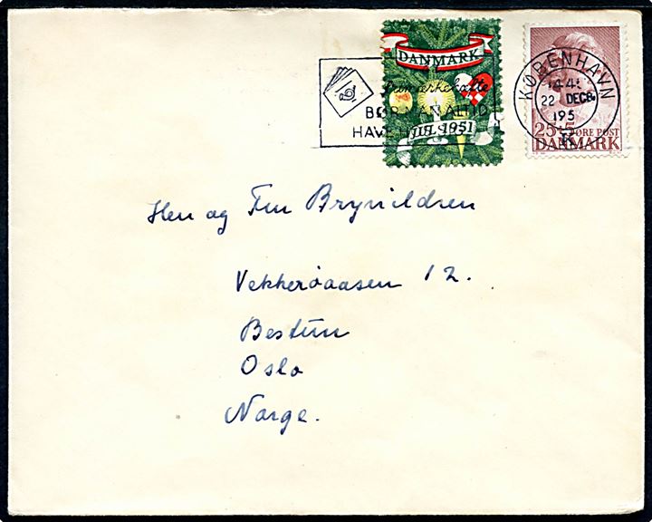 25+5 øre Børneforsorg og Julemærke 1951 på brev fra København d. 22.12.1951 til Oslo, Norge.