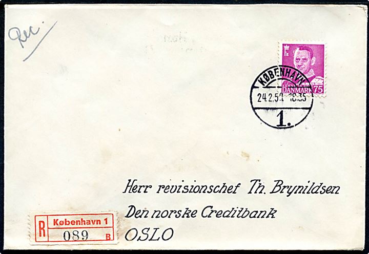 75 øre Fr. IX single på anbefalet brev fra København d. 24.2.1950 til Oslo, Norge.