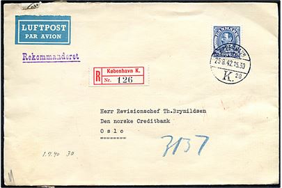 75 øre Chr. X single på anbefalet luftpostbrev fra København d. 25.8.1942 til Oslo, Norge. Åbnet af dansk censur.