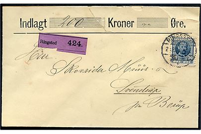 20 øre Fr. VIII single på værdibrev fra Ringsted d. 29.2.1908 (skudår) til Svenstrup pr. Borup. Revet i toppen.