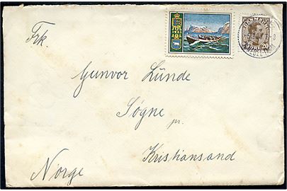 20 øre Chr. X og Julemærke 1923 på brev annulleret med bureaustempel Varde - N.Nebel - Tarm T.8 d. 5.12.1923 til Kristiansand, Norge.