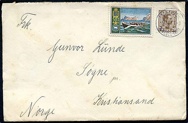 20 øre Chr. X og Julemærke 1923 på brev annulleret med bureaustempel Varde - N.Nebel - Tarm T.8 d. 5.12.1923 til Kristiansand, Norge.
