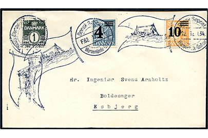 1 øre Bølgelinie, 4/25 øre og 10/30 øre Provisorium på filatelistisk brev annulleret med skibsstempel Dansk Søpost F.62 d. 12.1.1934 til Esbjerg.