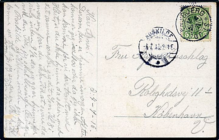 5 øre Chr. X på brevkort annulleret med stjernestempel ST.JØRGENSBJERG og sidestemplet Roskilde d. 4.7.1916 til København.