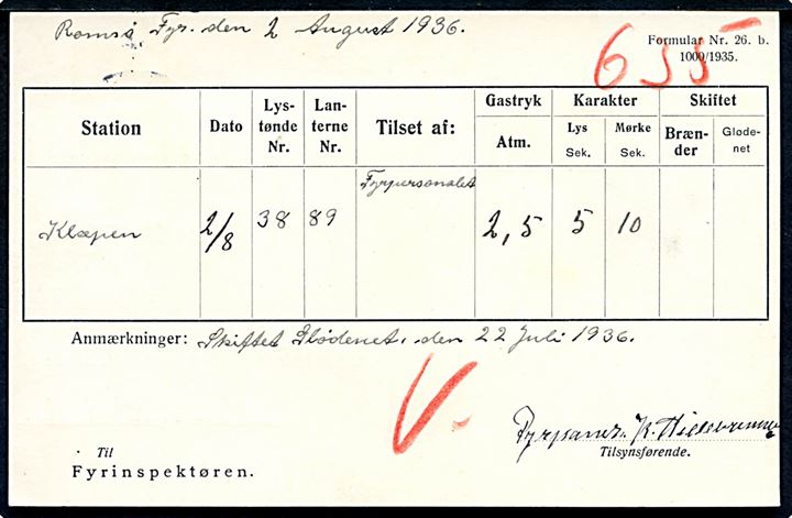 10 øre Bølgelinie helsagsbrevkort (fabr. 113) med indberetning fra Romsø Fyr stemplet Kjerteminde d. 4.8.1936 til Fyrinspektøren, Fyrinspektionsskibet Argus, Købmagergades Postkontor, København.