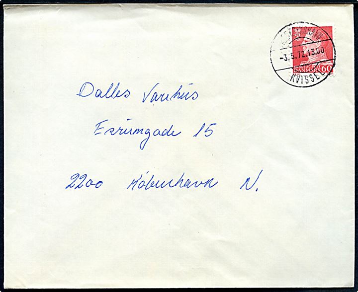 60 øre Fr. IX på brev annulleret med Ulsted-type stempel Frederikshavn Kvissel d. 3.5.1972 til København.