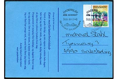 2,80 kr. Sport på fortrykt spejder postkort annulleret med særstempel Haderslev blå sommer Det danske Spejderkorps d. 30.7.1985 til Sakskøbing.