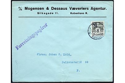 8 øre Bølgelinie på lokal Forretningspapirer i København d. 14.1.1925.