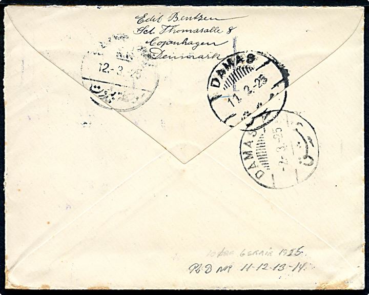 10 øre Bølgelinie i vandret 4-stribe på brev annulleret med TMS Købestævnet 14/2-1/3 1925 København/København *OMK* d. 19.2.1925 til Nebk, Syrien - eftersendt til Beirut, Lebanon.