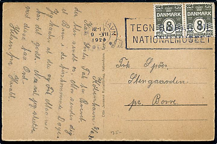 8 øre Bølgelinie i parstykke på brevkort - højre mærke med matricefejl farveplet i stammen på R - stemplet København d. 9.7.1925 til Borre.