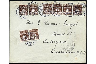 5 øre Bølgelinie (8) på 40 øre frankeret brev fra Helsingør d. 15.8.1925 til postlagernd (poste restante) i Basel, Schweiz.