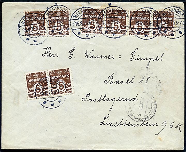 5 øre Bølgelinie (8) på 40 øre frankeret brev fra Helsingør d. 15.8.1925 til postlagernd (poste restante) i Basel, Schweiz.
