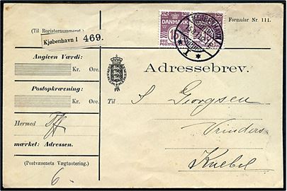 15 øre Bølgelinie i parstykke på adressebrev for pakke fra Kjøbenhavn d. 16.8.1911 til Knebel.