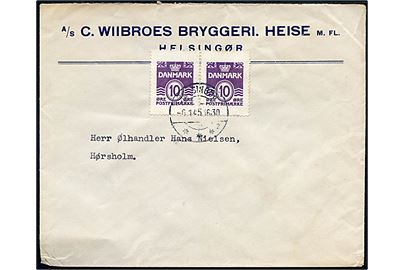 10 øre Bølgelinie fra hæftesammentryk i parstykke på firmakuvert fra A/S C. Wiibroes Bryggeri i Helsingør d. 6.1.1945 til Ølhandler i Hørsholm.