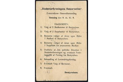 2 øre Bølgelinie single på lokalt tryksagskort i Kjøbenhavn d. 5.11.1910. På bagsiden fortrykt meddelelse fra Studenterforeningens Konservative,