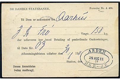 1 øre Bølgelinie i 3-stribe på De danske Statsbaners adviskort fra Arden d. 29.8.1911. På bagsiden ovalt jernbanestempel: Arden D.S.B. - J.F. d. 28.8.1911.