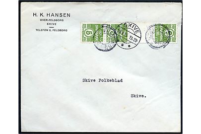 5 øre Bølgelinie i tête-bêche 4-stribe med mellemstykke på brev annulleret med udslebet stjernestempel OVER-FELDBORG og sidestemplet Skive d. 19.8.1935 til Skive.