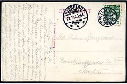 5 øre Bølgelinie på brevkort (I Brændingen, Lønstrup) annulleret med stjernestempel LØNSTRUP og sidestemplet Hjørring d. 27.7.1912 til Aarhus.