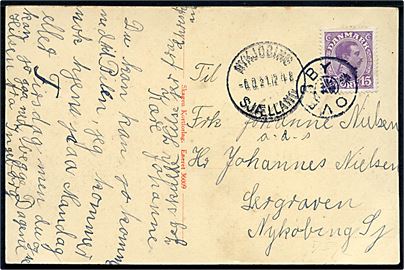 15 øre Chr. X på brevkort annulleret med stjernestempel OVERBY og sidestemplet Nykjøbing Sjælland d. 6.8.1921 til Nykjøbing Sj.
