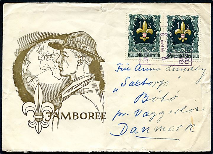 1 sh. Jamboree udg. (2) på illustreret spejder Jamboree kuvert annulleret Jamboree 1951 Bad Ischl til Bøtø pr. Væggerløse, Danmark. Muligvis sendt fra dansk deltager. Fold og nusset.