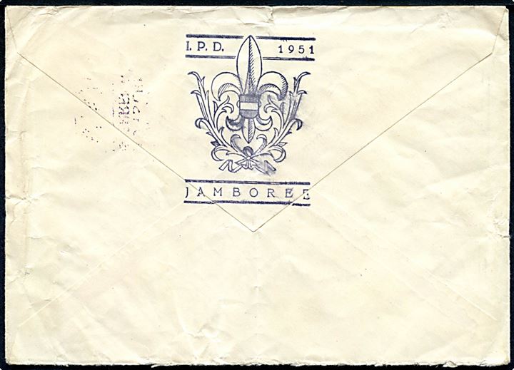 1 sh. Jamboree udg. (2) på illustreret spejder Jamboree kuvert annulleret Jamboree 1951 Bad Ischl til Bøtø pr. Væggerløse, Danmark. Muligvis sendt fra dansk deltager. Fold og nusset.