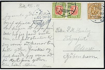 1 eyr (par) og 3 aur To Konger på brevkort (Islandske mænd) fra Reykjavik d. 26.7.1909 via Kjøbenhavn d. 3.8.1909 til Odense, Danmark.