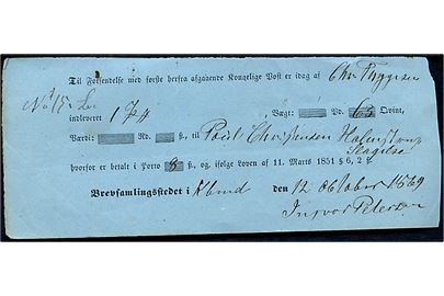 Kvittering fra Brevsamlingsstedet i Karrebæksminde d. 12.10.1869 for pakke med første afgående kgl. post til Holmstrup pr. Slagelse. Brevsamlingsstedet blev oprettet i Karrebæksminde pr. 1.11.1865 og blev ændret til postekspedition med eget stempel i 1877. Sjælden formular.