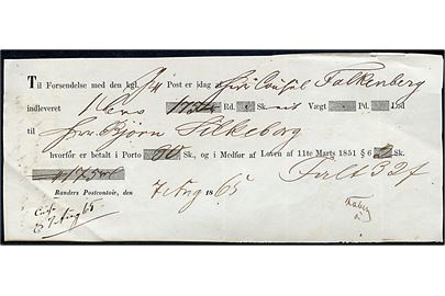 1865. Fortrykt kvittering fra Randers Postcontoir d. 7.8.1865 for indlevering af et brev med 175 rd. til Silkeborg.