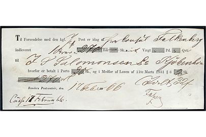 1866. Fortrykt kvittering fra Randers Postcontoir d. 17.2.1866 for indlevering af et brev med 270 rd. til Kjøbenhavn.