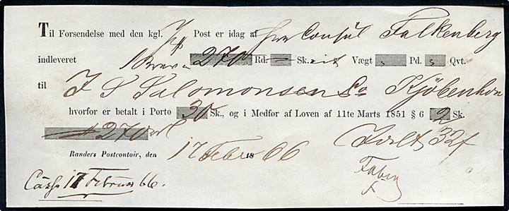 1866. Fortrykt kvittering fra Randers Postcontoir d. 17.2.1866 for indlevering af et brev med 270 rd. til Kjøbenhavn.