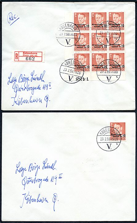 30+10 øre Grønlandsfonden udg. single og i marginal 9-blok på to uofficielle FDC sendt lokalt i København d. 23.2.1959.