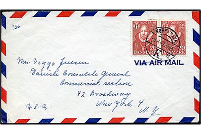 20 øre Tycho Brahe (2) på luftpostbrev mærket 5 gr. fra København d. 5.4.1947 til New York, USA.