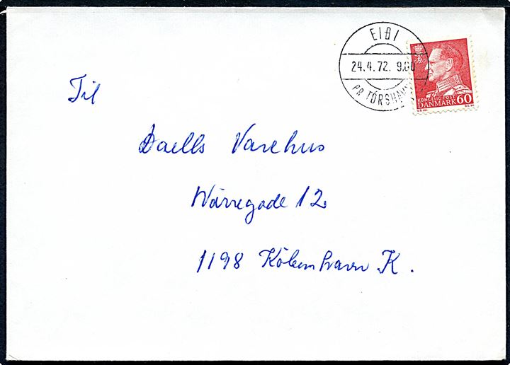 60 øre Fr. IX på brev annulleret med pr.-stempel Eidi pr. Tórshavn d. 24.4.1972 til København.