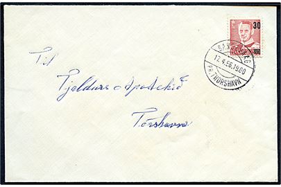 30/20 øre Provisorium på brev annulleret med pr.-stempel Sandevaag pr. Thorshavn d. 12.4.1956 til Thorshavn.