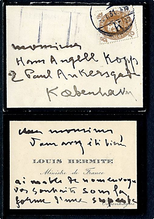 10 øre Chr. X 60 år på lille sørgebrev med indhold fra den franske gesandt Louis Hermite sendt lokalt i København d. 3.1.1931.