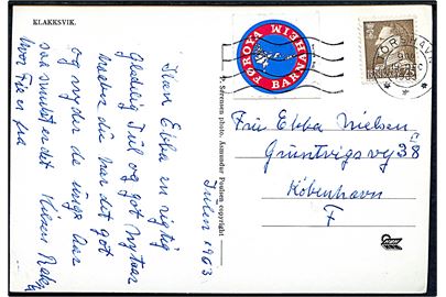 25 øre Fr. IX og Føroya Barnaheim mærkat på brevkort (Klakksvik) fra Tórshavn d. 19.12.1963 til København.