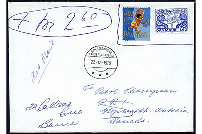 Dansk 1,60 kr. Bournonville markeret ugyldigt og Julemærke 1979 på brev sendt fra Sdr. Strømfjord d. 27.12.1979 til Ontario, Canada.