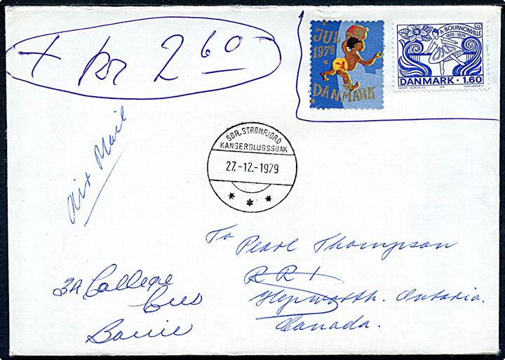 Dansk 1,60 kr. Bournonville markeret ugyldigt og Julemærke 1979 på brev sendt fra Sdr. Strømfjord d. 27.12.1979 til Ontario, Canada.